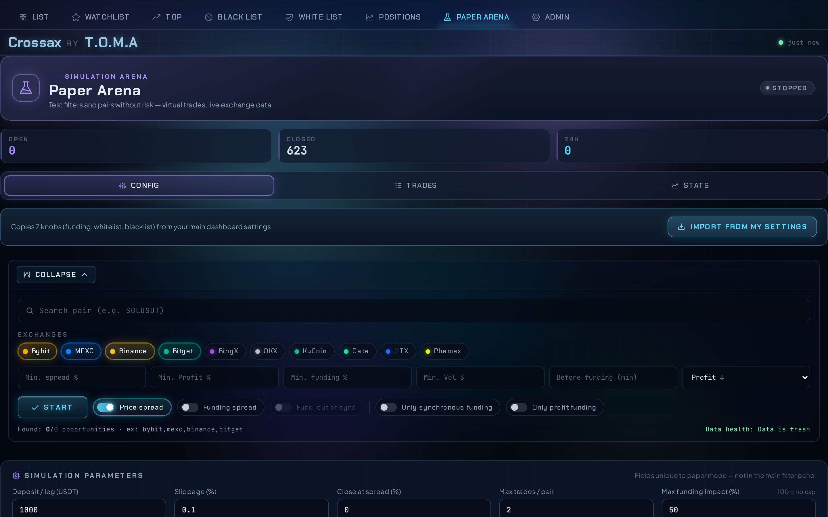 Crossax Paper Arena configuration view with filter fields, exchange pills, simulation parameters, and the Import from settings button.
